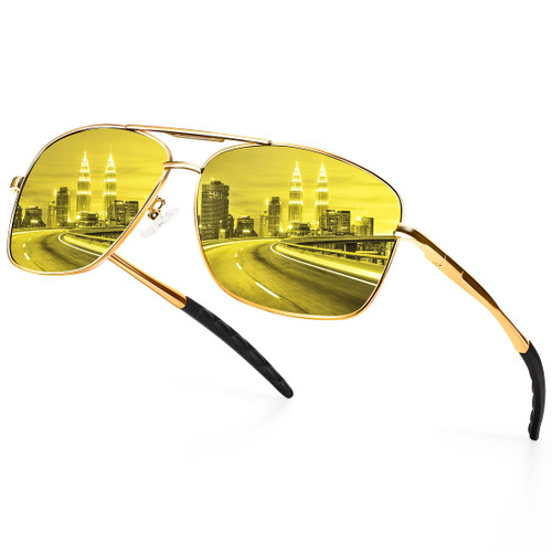 Peekaco Aviator Night Vision Glasses for Driving Men Women, Classic Polarized Square Anti-glare Metal Frame Nighttime Glasses Peekaco Aviator Night Vision Glasses for Driving Men Women, Classic Polarized Square Anti-glare Metal Frame Nighttime Glasses