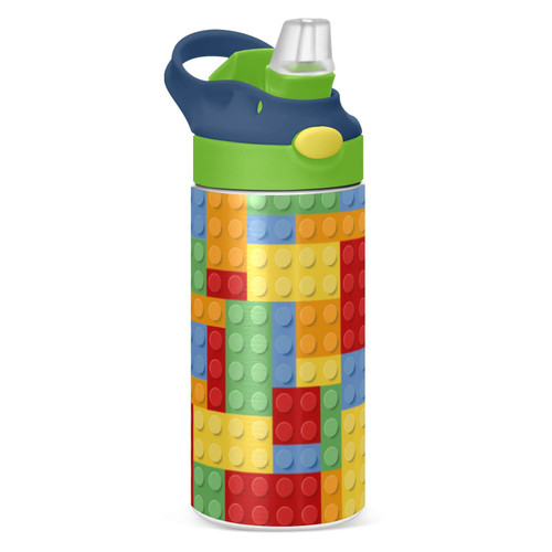 Small Water Bottle for Kid 12oz Building Blocks Insulated Bottle with Straw Lid Stainless Steel Tumbler Vacuum Cup Thermal Bottles