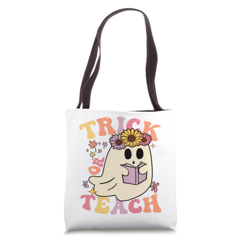 Groovy Halloween Trick or Teach Retro Floral Ghost Teacher Tote Bag