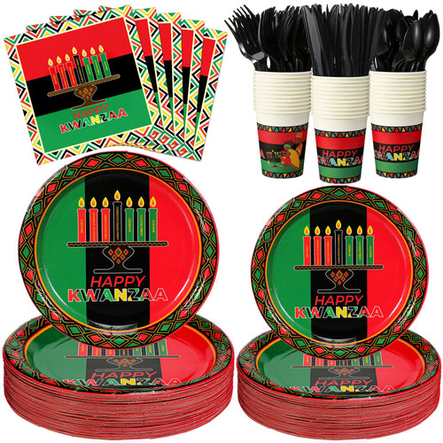 Sliner 350 Pcs Kwanzaa Disposable Party Dinnerware Set 100 Paper Plates Party Plates 50 Napkins 50 Cups 50 Spoons 50 Forks 50 Knives Disposable Tableware for African Kwanzaa Party Supplies Serve 50