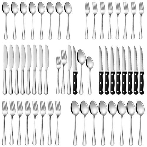 Soleebee 48-Piece Silverware Set with Steak Knives, Food-Grade Stainless Steel Flatware Set for 8, Includes Spoons Forks Knives, Mirror Polished Tableware Cutlery Set, Dishwasher Safe