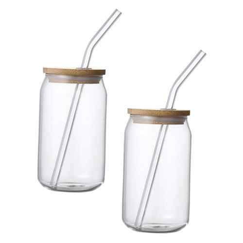 OKUMEYR 2pcs Straw Glass Cups with Lids and Straws Ice Coffee Cups Water Cup Iced Coffee Cups with Lids Milk Drinking Cup Glass Cup with Straw Tumbler Woman Straight Body Wooden Travel Mug