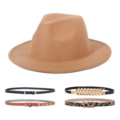Geyanuo Womens Fedora Hat Classic Wide Brim Floppy Panama Hat with Ring Belt Buckle Wool Fashion Fedora Hat