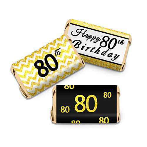 80th Birthday Party Mini Candy Bar Wrappers - Black and Gold - 63Stickers