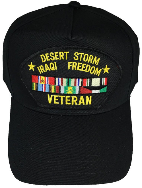 Desert Storm Iraqi Freedom Veteran with Campaign Ribbons Cap - Black HAT - Veteran Owned Business Desert Storm Iraqi Freedom Veteran with Campaign Ribbons Cap - Black HAT - Veteran Owned Business