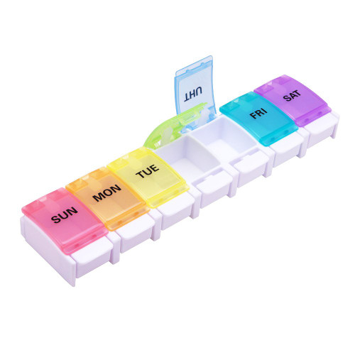 Large 7 Day Pill Organizer, Push Button Weekly Pill Box, Vitamin Pill Case, Pill Container - Rainbow