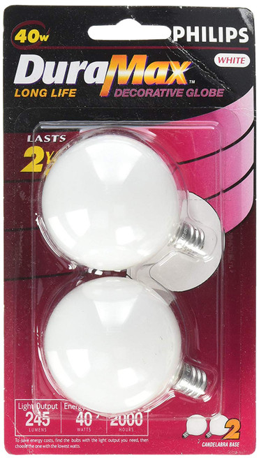 Philips 168484 40-watt G16.5 DuraMax White Decorative Candelabra Base  Globe Light Bulb, 2-Pack