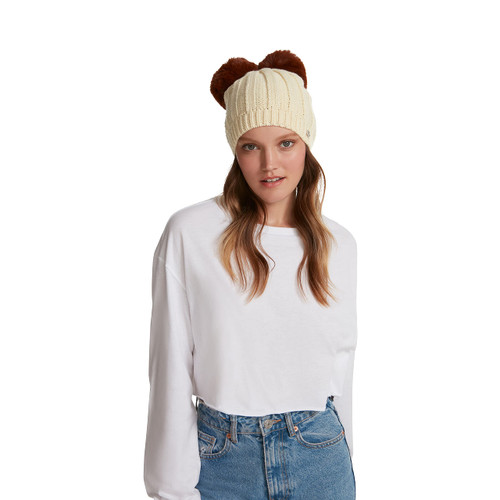 Steve Madden Women's Double POM Chunky Ribbed Knit Beanie, Winter White, ONE Size