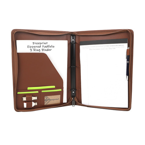 Freeprint Zippered Portfolio 3 Ring Binder Organizer with Writing Pad Legal Size Letter - PU Leather Padfolio Document Organizer for Interview Business?Brown