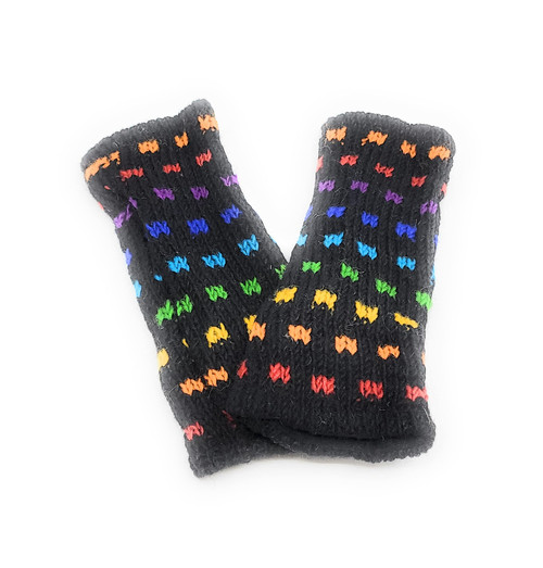 Hand Knit Wool Hand Warmers Fingerless Texting Gloves Mittens Fleece Lined Made in Nepal (Rainbow Windowpane)