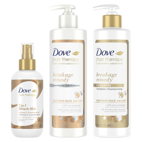 Dove Hair Therapy Shampoo, Conditioner and 7-in-1 Hairspray Breakage Remedy for Damaged Hair with Nutrient-Lock Serum