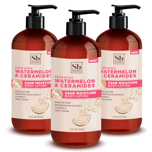 Soapbox Body Lotion, Watermelon & Ceramides Body Lotion for Dry Skin, Plump and Hydrate with Ceramides Moisturizer Body Lotion for Women, Men | Vegan & Cruelty Free Skin Care, 3 Pack, 16 oz each Soapbox Body Lotion, Watermelon & Ceramides Body Lotion for Dry Skin, Plump and Hydrate with Ceramides Moisturizer Body Lotion for Women, Men | Vegan & Cruelty Free Skin Care, 3 Pack, 16 oz each