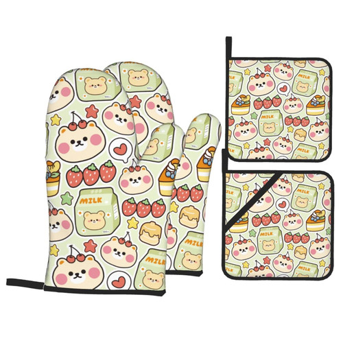 Oven Mitts and Pot Holders Sets Oven Gloves Pot Holders for Kitchen Oven Mitt Potholder with Non-Slip Cooking Gloves Hot Pads for Kitchen Cooking Baking,Kawaii Milk Bear