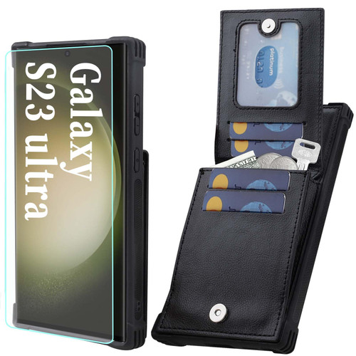 VANAVAGY Samsung Galaxy S23 Ultra Wallet Case for Women and Men,Leather Magnetic Clasp Flip Folio Phone Cover with Credit Card Holder and Coin Pocket,Black