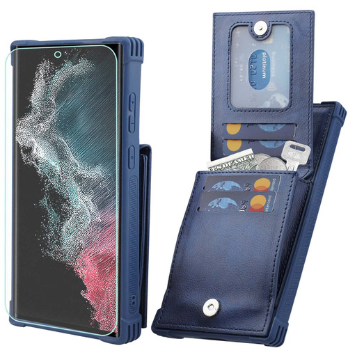 VANAVAGY Galaxy S22 Ultra 5G Wallet Case for Women and Men,Leather Magnetic Clasp Flip Folio Phone Cover with Credit Card Holder and Coin Pocket,Navy Blue