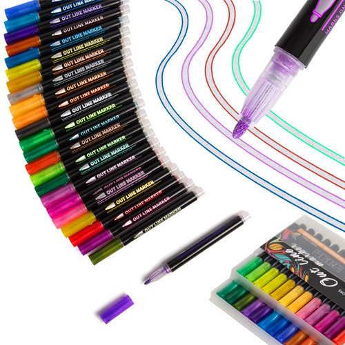 Upanic Super Squiggles Outline Markers-24 Colors Super Squiggles Markers,Outline Markers Double Line Pen,Outline Markers Self-Outline Metallic Markers