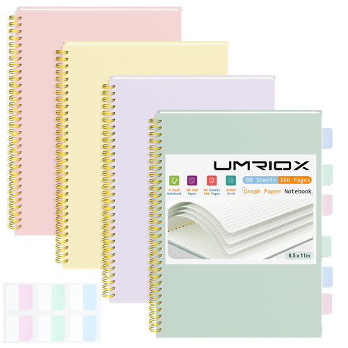 Umriox 4 Pack Graph Paper Notebook, 8.5" x 11" Spiral Notebook with Free Sticky Notes, 5 x 5mm Grid Paper 160 Pages, Large Journal for School, Work