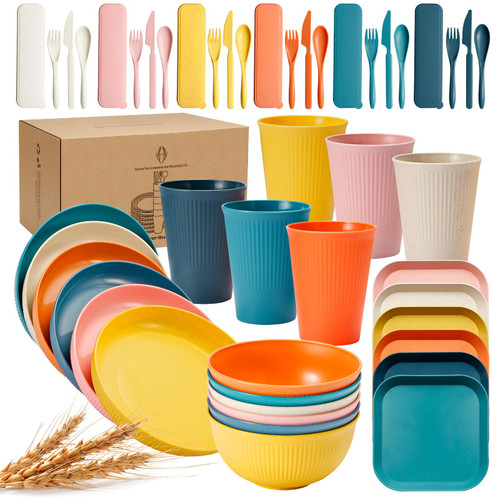 Wheat Straw Dinnerware Sets,Unbreakable Dishes Microwave Safe Dinnerware,Lightweight Reusable Bowls with Plates,Cups,Knives,Forks and Spoons Utensil Set for Camping (A Set of 6)
