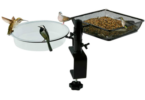 Home-X Deck Mount Dual Bird Feeder & Bird Bath - Balcony Railing & Deck Mounted Bird Feeder for Apartment, Patio, Large & Small Wild Birds, Outdoor Decorations, with Stand, Tray & Bath