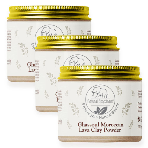 Natural Elephant Ghassoul Moroccan Lava Clay Powder 100% Pure & Natural (200g Jar (Pack of 3 7oz Jars))