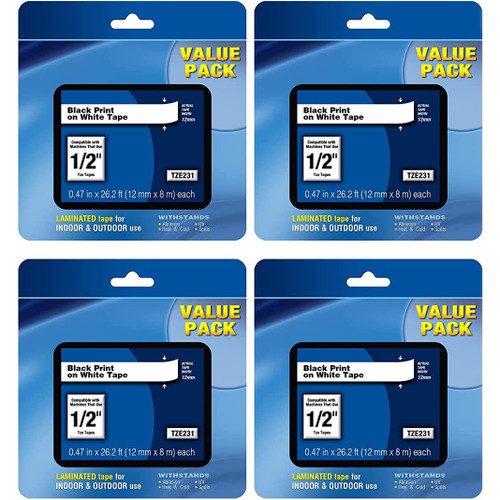 4 Pack Compatible with Brother P Touch Label Maker Tape TZe-231 TZ-231 12mm 0.47 Inch Laminated White Tape for Label Maker PT-D210 PT-H110 PT-D220 PT-D400 PT-1230PC PT-D600, Black on White 26.2ft