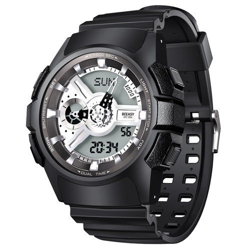 Beeasy Men Digital Sports Watch,Waterproof Watch with Stopwatch Countdown Timer Alarm Function Dual Time Rubber Strap Wrist Watch for Men/Student (Black- Sliver)