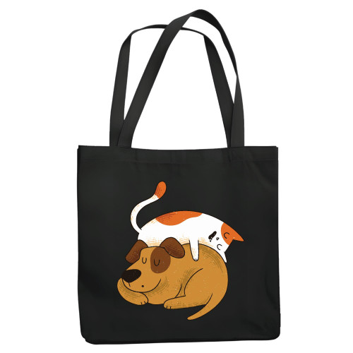 Gift for Cat and Dog Lovers An Illustration of a Cat Sleeping On a Dog for Animal Lovers Navy Black Multicolor Canvas Tote Bag