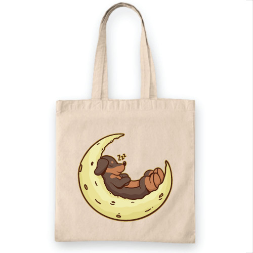 Unique Gift for Pet Lovers Dachshund Sleeping on the Moon Design Natural White Multicolor Canvas Tote Bag