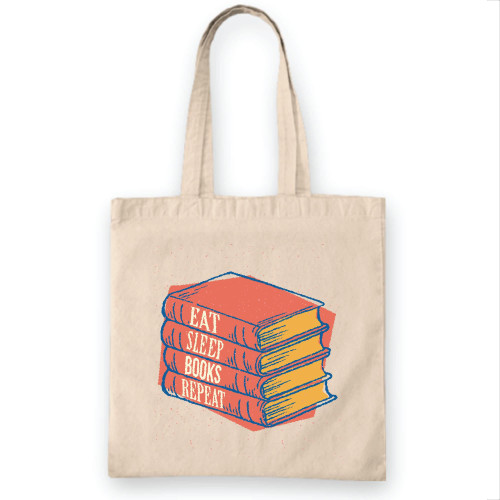 Gift Idea for Book Lovers Eat Sleep Books Repeat Illustration Design Natural White Multicolor Canvas Tote Bag