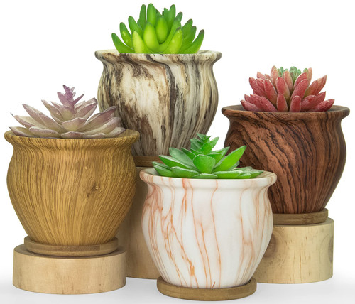 ARTKETTY Succulent Pots, 4.5 Inch Small Succulent Planter Pot with Drainage Bamboo Trays, Ceramic Flower Pots for Indoor/Outdoor Cactus Plants Set of 4