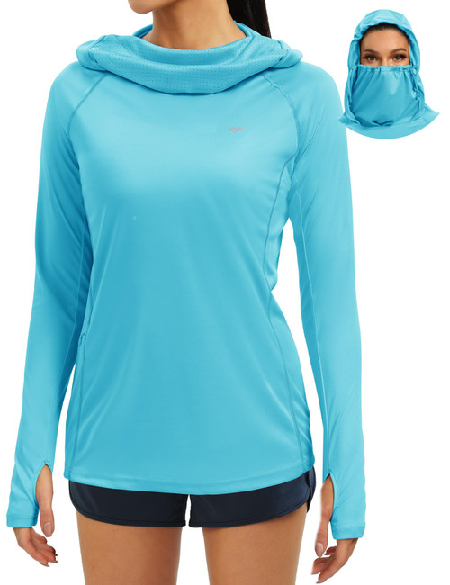 IUGA SPF Shirt Women Sun Protection Clothing UPF 50+ Hoodie with Face Cover UV Hiking Long Sleeve Shirts Lightweight Outdoor Blue