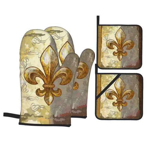 Fleur De Lis Retro Heat Resistant Oven Mitts and Pot Holders Sets