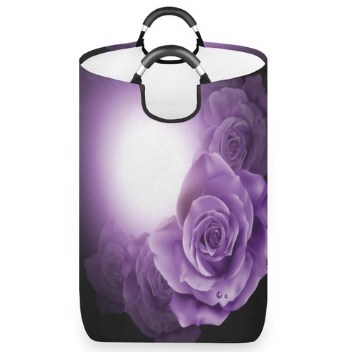 Purple Flowers Roses Laundry Basket Collapsible Laundry Hamper Waterproof Dirty Clothes Storage Baskets Foldable Washing Bin Laundry Bag With Handles for College Dorm Family