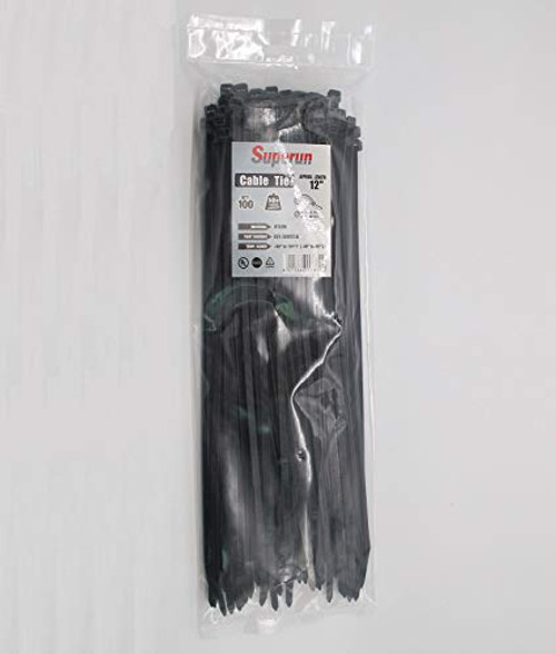 Superun 12 inch selflocking cable tie (Industrial grade zip tie) pack of 100 black
