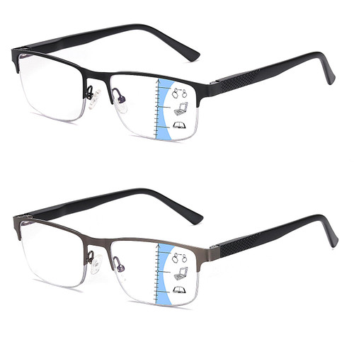 Missfive 2 Pack Mens Quality Progressive Multifocus Reading Glasses Blue Light Blocking, Man Spring Hinge No-Line Multifocal Readers Half Frame Metal Eyeglasses (Workspace For Near Range, 1.0x)