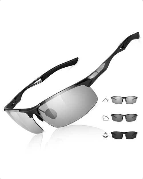 TJUTR Polarized Photochromic Sunglasses, Ultralight Al-Mg Metal Frame, Driving Sunglasses for Low to Bright Light Condition