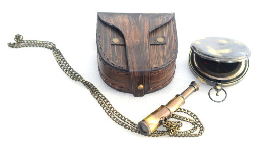Antique Brass Push Button Compass Navigational Tool for Survival and Directional use, Brass Compass with Leather Case Telescope Necklace Gift by ROYAL FALCON CRAFTS