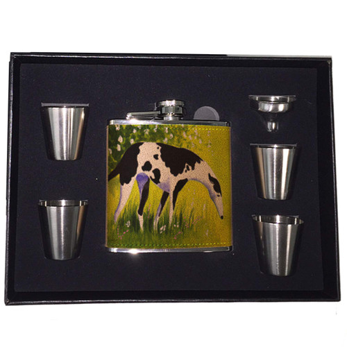 Sunshine Cases Black Spotted Greyhound with Flowers Art by Denise Every Leather Wrapped Liquor Pocket Hip Flask Gift Box Set with Stainless Steel Shot Glasses & Funnel
