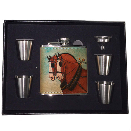 Sunshine Cases Clydesdale Team in Harness Draft Horse Art by Denise Every Leather Wrapped Liquor Pocket Hip Flask Gift Box Set with Stainless Steel Shot Glasses & Funnel