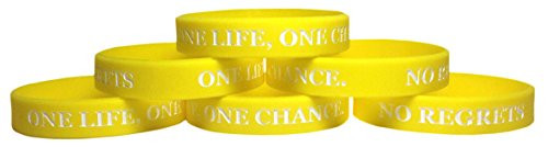 TheAwristocrat 6 Pack ONE Life, ONE Chance. NO Regrets Inspirational Silicone Wristband Rubber Bracelet (Yellow, Youth (7" 180mm))