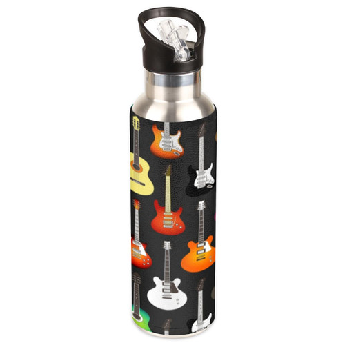 KOBLEN Colorful Guitar Insulated Water Bottle with Straw Stainless Steel Travel Water Bottle 20 Oz Reusable Vacuum Sports Water Bottle for Gym Cycling Camping Hiking