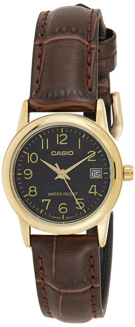 Casio #LTP-V002GL-1B Women's Gold Tone Leather Band Easy Reader Dial Date Watch