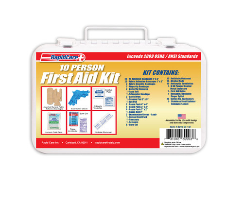 Rapid Care First Aid 8010-09-1M 10 Person OSHA / ANSI 2009 Compliant Metal First Aid Kit, 118 Pieces, Wall Mountable, White