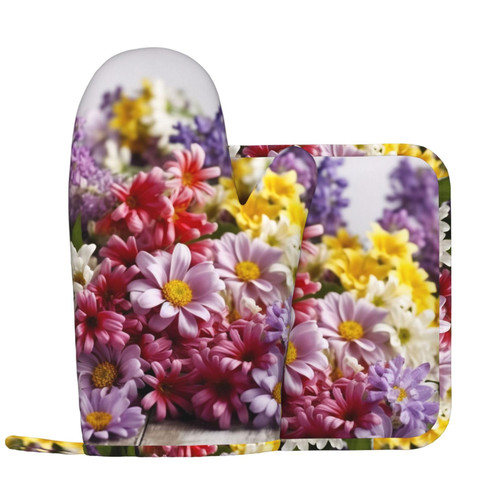 BTCOWZRV Flowers Oven Mitts and Pot Holders Sets Heat Resistant Oven Mitt Oven Gloves for BBQ Non-Slip Pot Holders Oven Glove for Baking Cooking Oven
