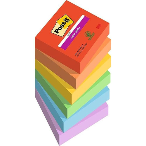 Post-it Super Sticky Notes Playful Color Collection, Pack of 6 Pads, 90 Sheets per Pad, 76 mm x 76 mm, Red, Orange, Yellow, Green, Blue - Extra Sticky Notes for Note Taking, to Do Lists & Reminders
