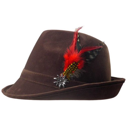 Oktoberfest Haus - German Oktoberfest Hat Brown Faux Suede Leather Finish Stylish Bavarian Lederhosen Costume Accessory for Men & Women - Tyrolean Style Alpine Hat with Feather & Edelweiss Pin | Large