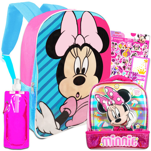 Minnie Mouse Backpack with Lunch Box - Bundle with Minnie Mouse Backpack for Girls 6-8, Minnie Mouse Lunch Bag, Stickers, Water Pouch, More | Minnie Mouse Backpack Toddler