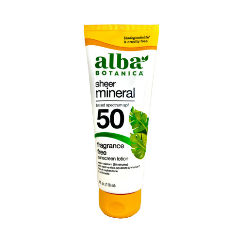 Alba Botanica Sheer Mineral Sunscreen Lotion SPF 50, Fragrance Free, Large 4 fl oz Alba Botanica Sheer Mineral Sunscreen Lotion SPF 50, Fragrance Free, Large 4 fl oz
