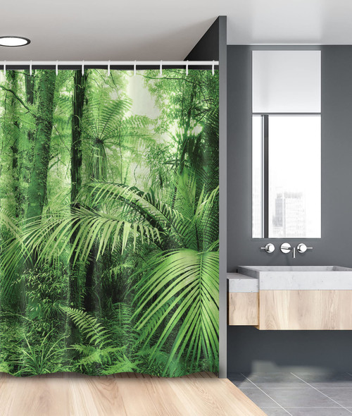 Ambesonne Rainforest Stall Shower Curtain, Palm Trees and Exotic Plants in Tropical Jungle Wild Nature Theme Illustration, Fabric Bathroom Decor Set with Hooks, 54" W X 78" L, Green