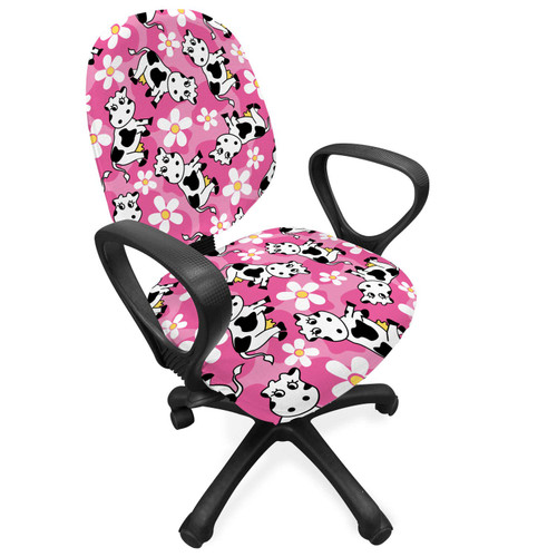 Lunarable Cow Office Chair Slipcover, Cartoon Pattern Domestic Farm Animal and Daisy Flowers, Protective Stretch Decorative Fabric Cover, Standard Size, Pink Charcoal